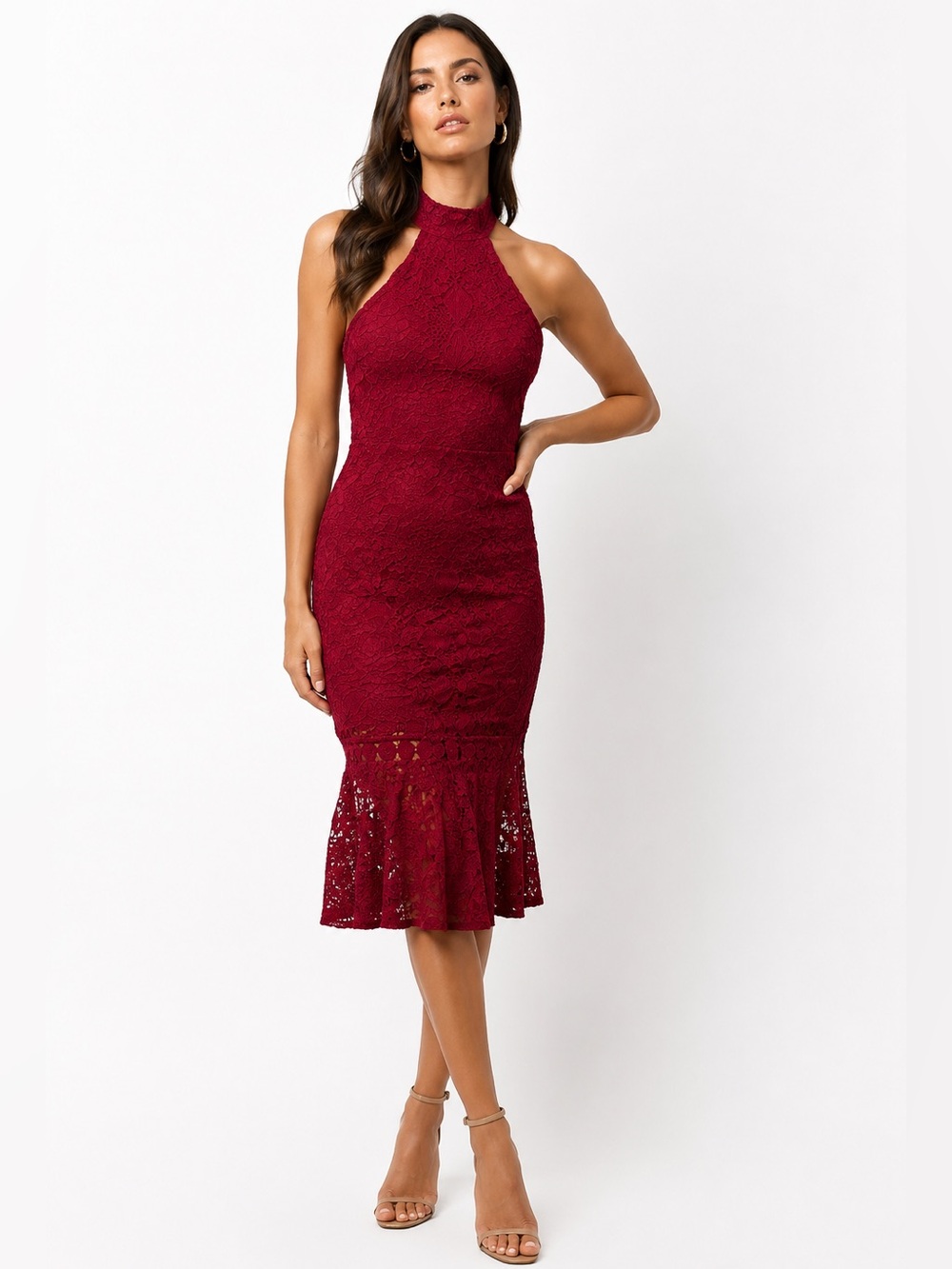 Two Sisters Sophie Burgundy Lace Halter Midi Dress – Size 8